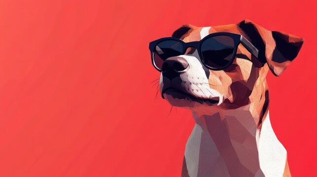 Dog wearing sunglasses on red background
