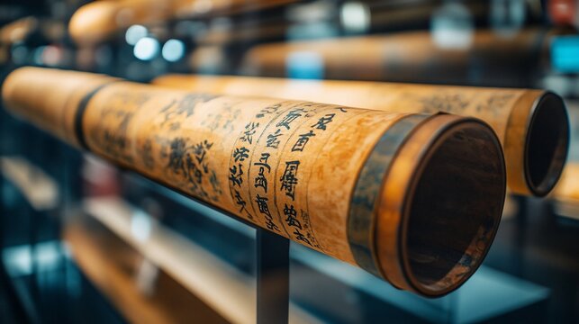 Close-up shot of traditional bamboo scrolls, revealing intricate calligraphy and time-honored preservation techniques