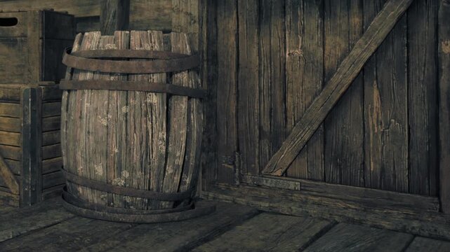 A wooden barrel stands near stacked crates in a dimly lit rustic room. The walls show signs of age, with worn wooden planks and a sturdy door. Light filters through the space, creating shadows.