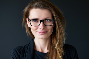 Fototapeta premium Young woman with glasses brown hair brown eyes casual clothing studio portrait friendly smile confident expression smart appearance black background modern style professional headshot