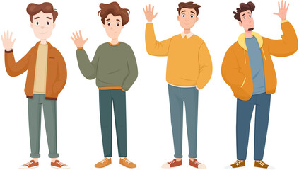Young Men Cartoon Character Set Waving Hands Flat Vector Illustration © TrappedMorghulis