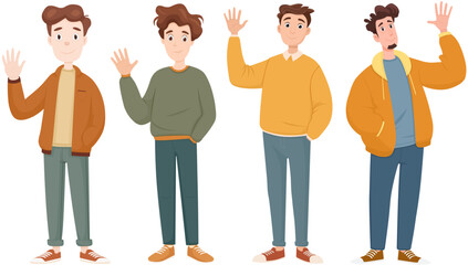 Young Men Cartoon Character Set Waving Hands Flat Vector Illustration © TrappedMorghulis