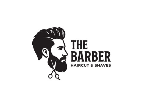 Vintage barbershop logo vector, bearded man profile with scissors, masculine haircut and shaves emblem, black and white salon branding