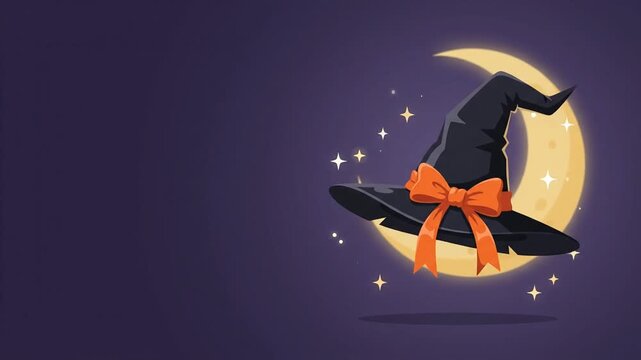 Halloween witch hat and yellow crescent moon floating in starry purple night sky background