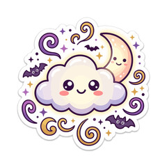 Fototapeta premium Cute Halloween cloud sticker vector, kawaii night sky with smiling moon and bats, pastel spooky decorative element isolated on White Background