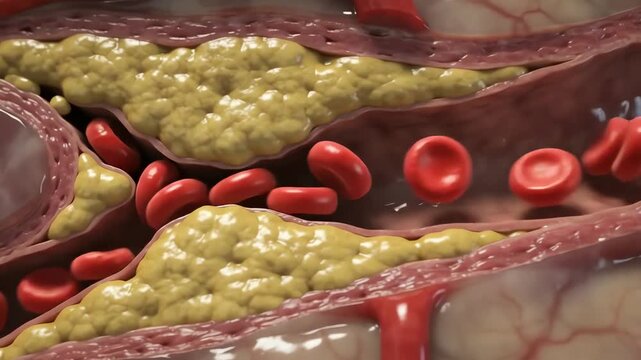 3D Medical Illustration of Human Heart with Blocked Coronary Arteries and Plaque