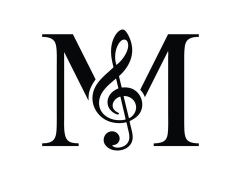 Musical letter M logo with treble clef, elegant black serif monogram for music school, creative alphabet vector icon