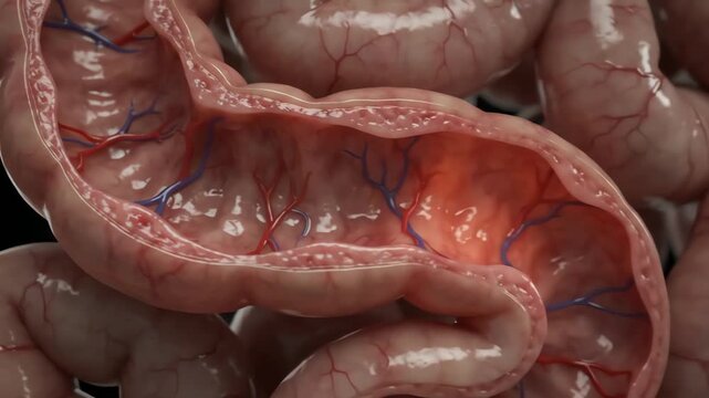 3D Medical Illustration of Human Intestines Showing Inflamed and Irritated Sections