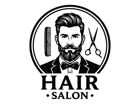 Vintage barbershop logo with bearded man. Professional hair salon emblem with scissors and comb. Retro male grooming vector.