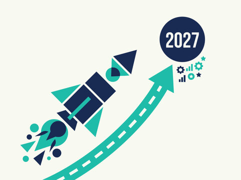 Business growth rocket launching toward 2027 target date