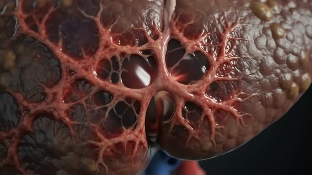 3D Medical Illustration of Human Liver Showing Tissue Damage and Inflamed Areas