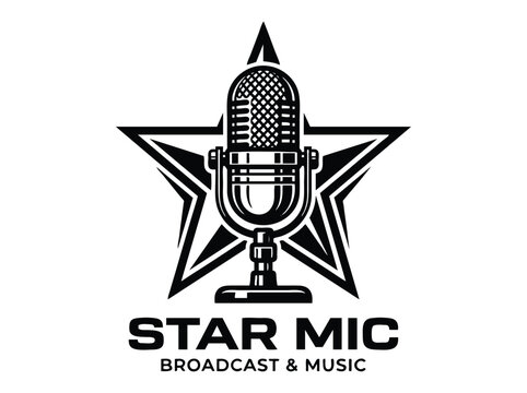 Vintage microphone logo with star background, retro broadcast mic emblem, professional music studio and podcast vector icon