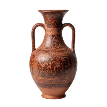 Ancient Greek amphora with intricate red-brown glaze and ornate decorative patterns on a white background