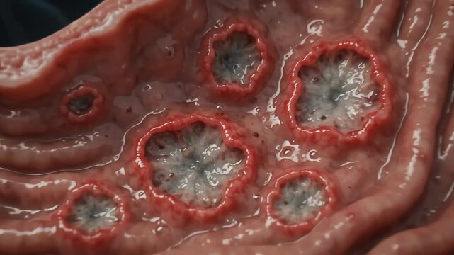 3D Medical Illustration of Human Stomach Showing Inflamed Inner Lining and Ulcers