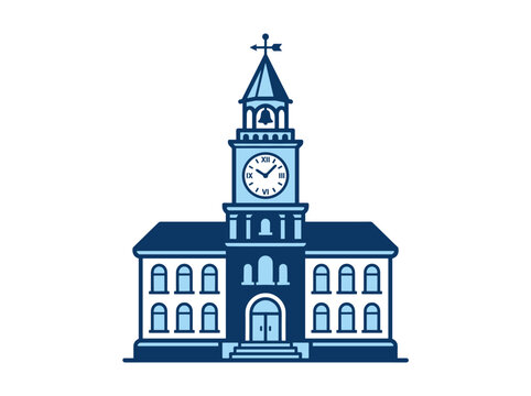 Blue flat vector illustration of a classic clock tower and municipal building