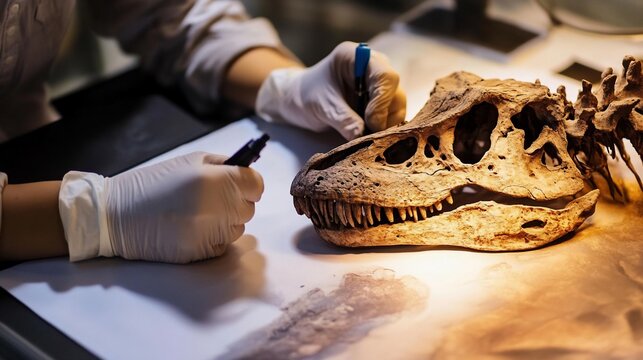 Close-up of dinosaur skull fossil being studied by paleontologist