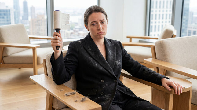 Exasperated Businesswoman covered in Pet Hair Holding Lint Roller in Modern Office