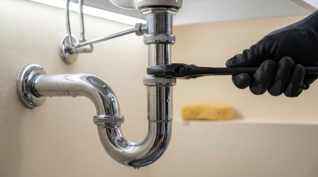Hand wearing work glove using black wrench for tightening chrome sink drain pipe inside bright residential kitchen.