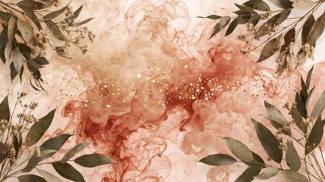 Ethereal abstract background showcasing soft pink orange swirl and glitter, featuring eucalyptus leaf elements, creating dreamy, serene atmosphere of wonder and tranquility organic beauty
