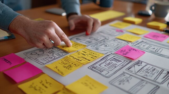 Hands of a developer placing sticky notes on website wireframe sketches during an interactive planning session.