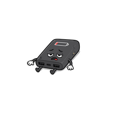 Tired Power Bank with Low Battery, Funny Cartoon Technology Illustration