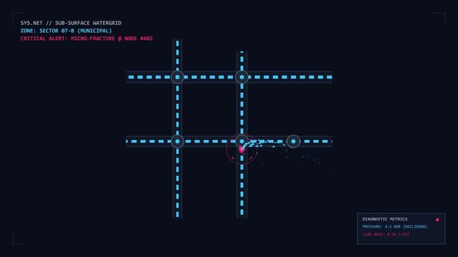 Blue grid lines highlight red micro-fracture alert at node #402