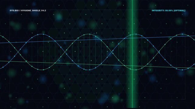 Blue sine waves overlay hexagonal grid with integrity percentage display