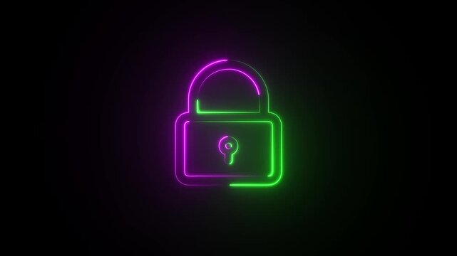 Glowing Neon Padlock with Purple and Green Lighting, Question Mark Symbol, Cyber securit, Privacy, Protection, Mystery, Digital Security, Technology, Modern Abstract Concept, and Dark Background .
