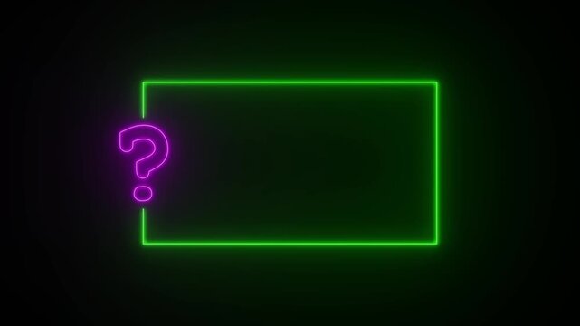 Glowing Neon Green Rectangular Frame with Purple Question Mark on Dark Background, Futuristic Technology, Mystery, Uncertainty, Digital Design, and Creative Concept Template Visualisation Graphic .