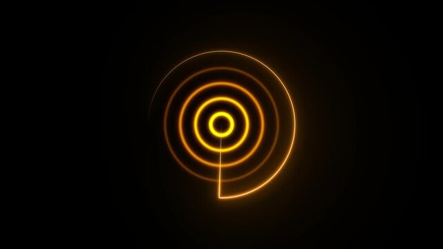 Glowing neon circular radar interface with concentric rings, futuristic blue energy signal, dark background, technology scanning concept, digital communication and wireless detection visualisation .