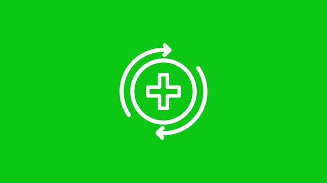 Medical cross icon surrounded by circular arrows representing healthcare renewal, medical services, emergency care, treatment, health support, pharmacy, recovery, and wellness management