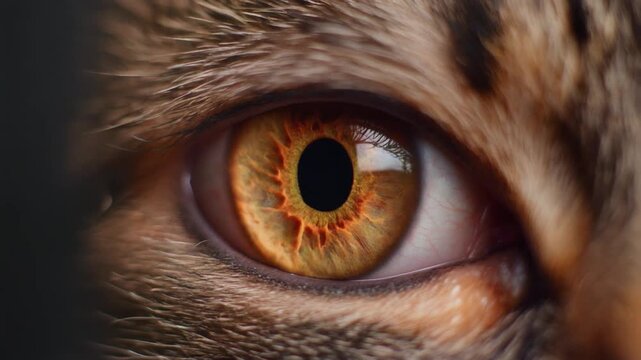 Extreme macro footage of a single realistic feline eye, distinctive cat anatomy with a narrow vertical slit pupil for International Cat Day