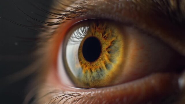 Extreme macro footage of a single beautiful cat eye, rich golden amber iris with delicate natural patterns for International Cat Day