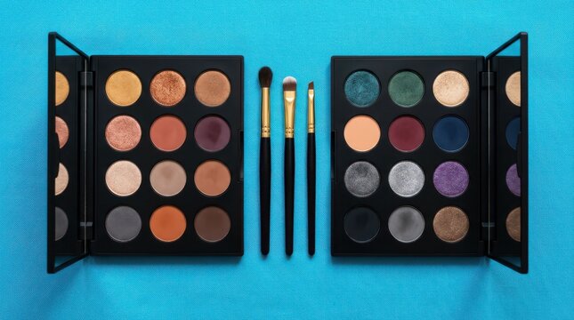 Cosmetic makeup palettes with eyeshadows and brushes on blue