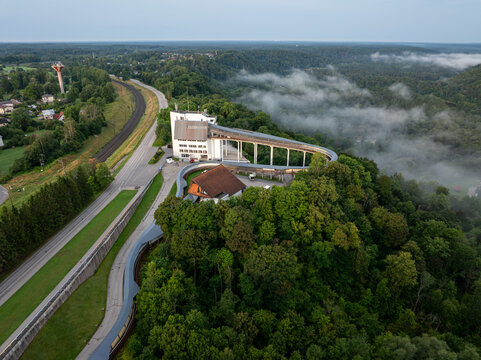 Aerial view of Sigulda bobsleigh and luge track surrounded by forest in Sigulda, Latvia
