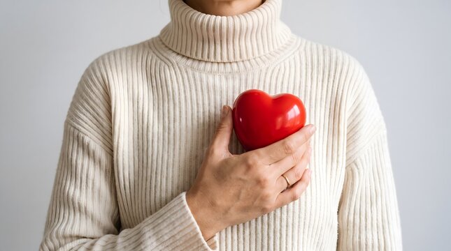 A person wearing a cozy beige turtleneck sweater holding a small red heart shape against their chest representing love care and health