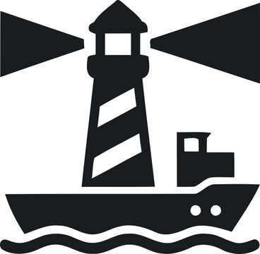 A black and white flat vector icon showing a lighthouse illuminating the sea with a ship sailing nearby