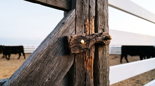 Close-up of a weathered rustic wooden gate latch on a farm corral with cattle in the blurred background