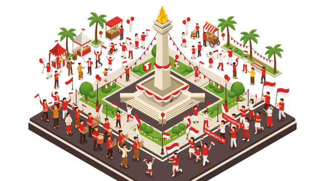 Isometric view of Monas monument during national celebration.