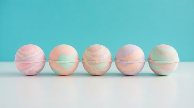 Five colorful bath bombs arranged in a row against a solid light blue background