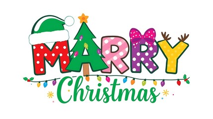 Fototapeta premium Festive Marry Christmas! Playful Holiday Text Design with Cute Cartoon Letters & Lights