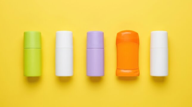 Colorful deodorant sticks and rollon containers arranged in a row on a bright yellow background