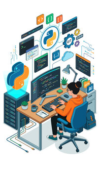 Isometric woman programmer coding Python in tech office.
