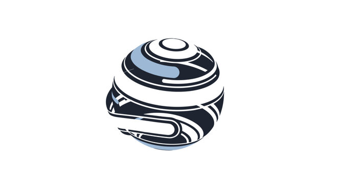 Stylized abstract sphere features swirling dark and light blue bands that create a sense of motion and three dimensional depth.