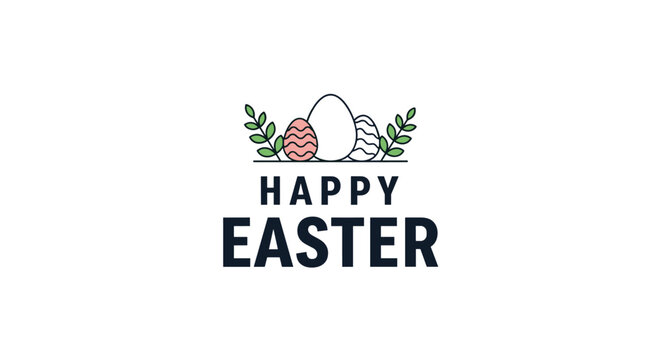 Simple Easter greeting illustration with decorative pink and patterned eggs above the bold dark text Happy Easter on a white surface.