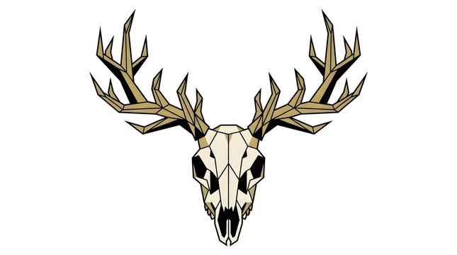 Geometric deer skull with intricate stylized antlers isolated on white background