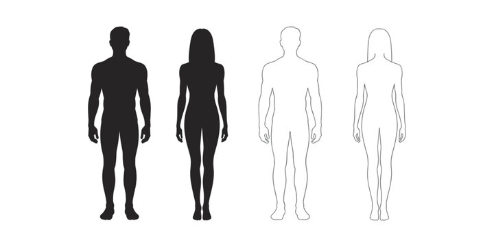 Four black silhouettes of human figures including two solid shapes and two outlined shapes on... des