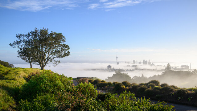 View from the summit of Mt Eden looking over Auckland city. Sky Tower rising above a thick layer of morning fog. Auckland. New Zealand.