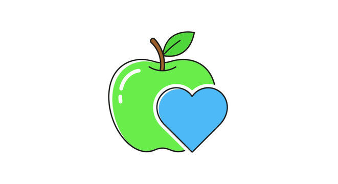 Minimalist vector icon of a green apple with a blue heart shape.