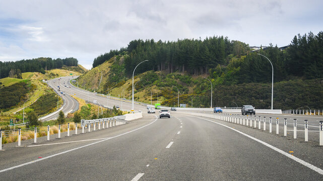 Transmission Gully Motorway. Motorway winding through the gully towards Wellington. Wellington Northern Corridor. New Zealand.